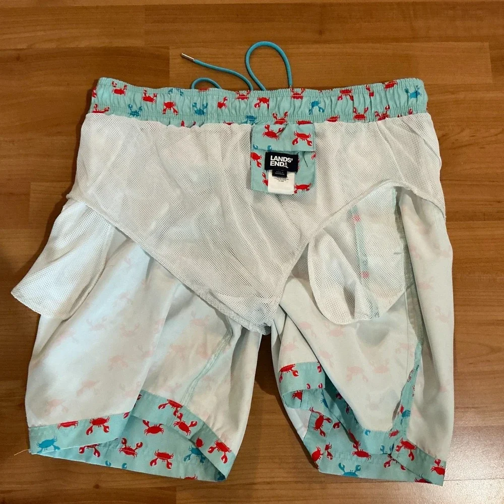 Lands' End‎ Swim Trunks Men Crab Print Aqua Blue Red Lined Drawstring 7.5